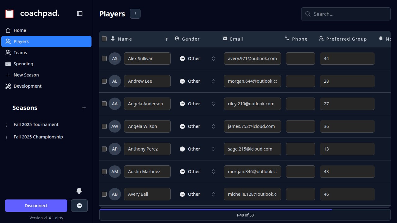 Screenshot of Coachpad player management interface showing searchable table with player profiles and statistics