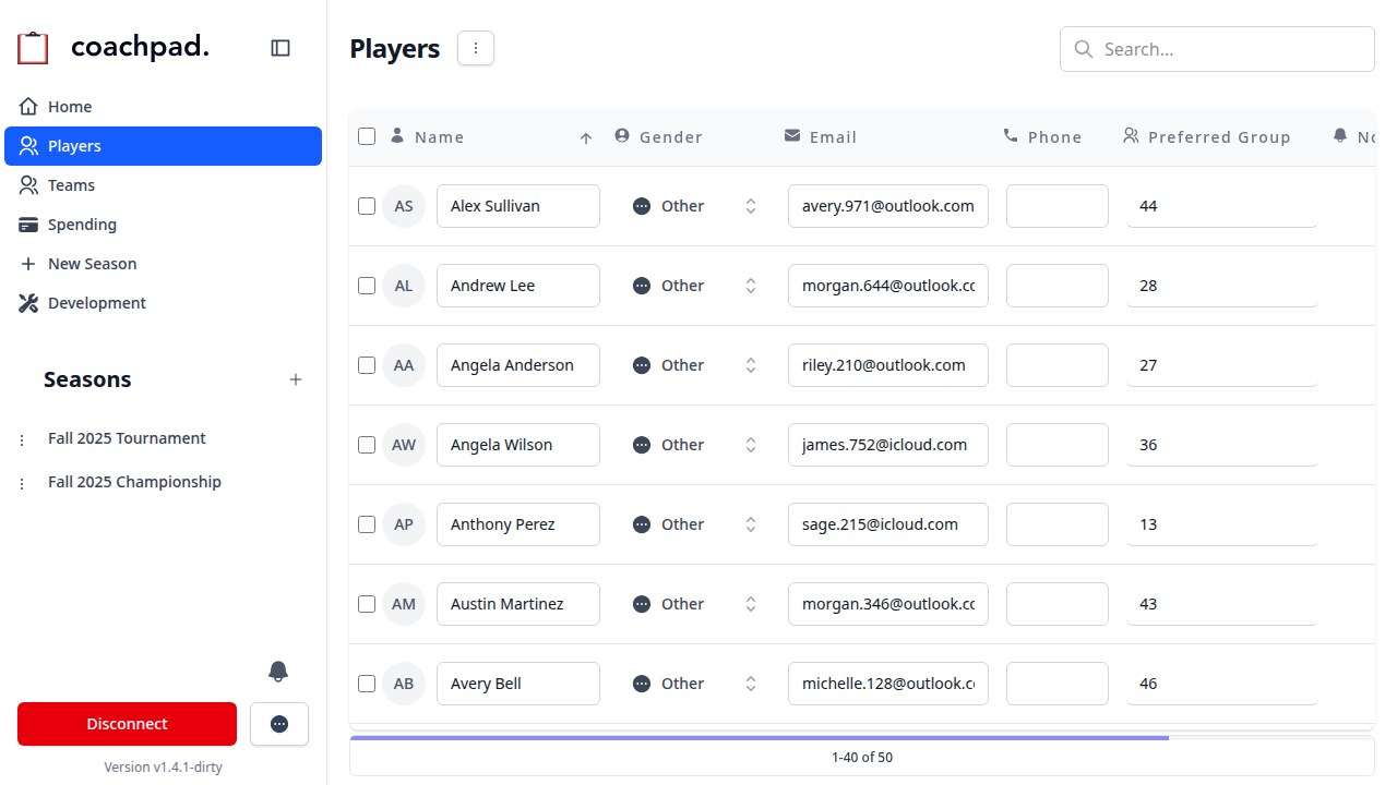 Screenshot of Coachpad player management interface showing searchable table with player profiles and statistics