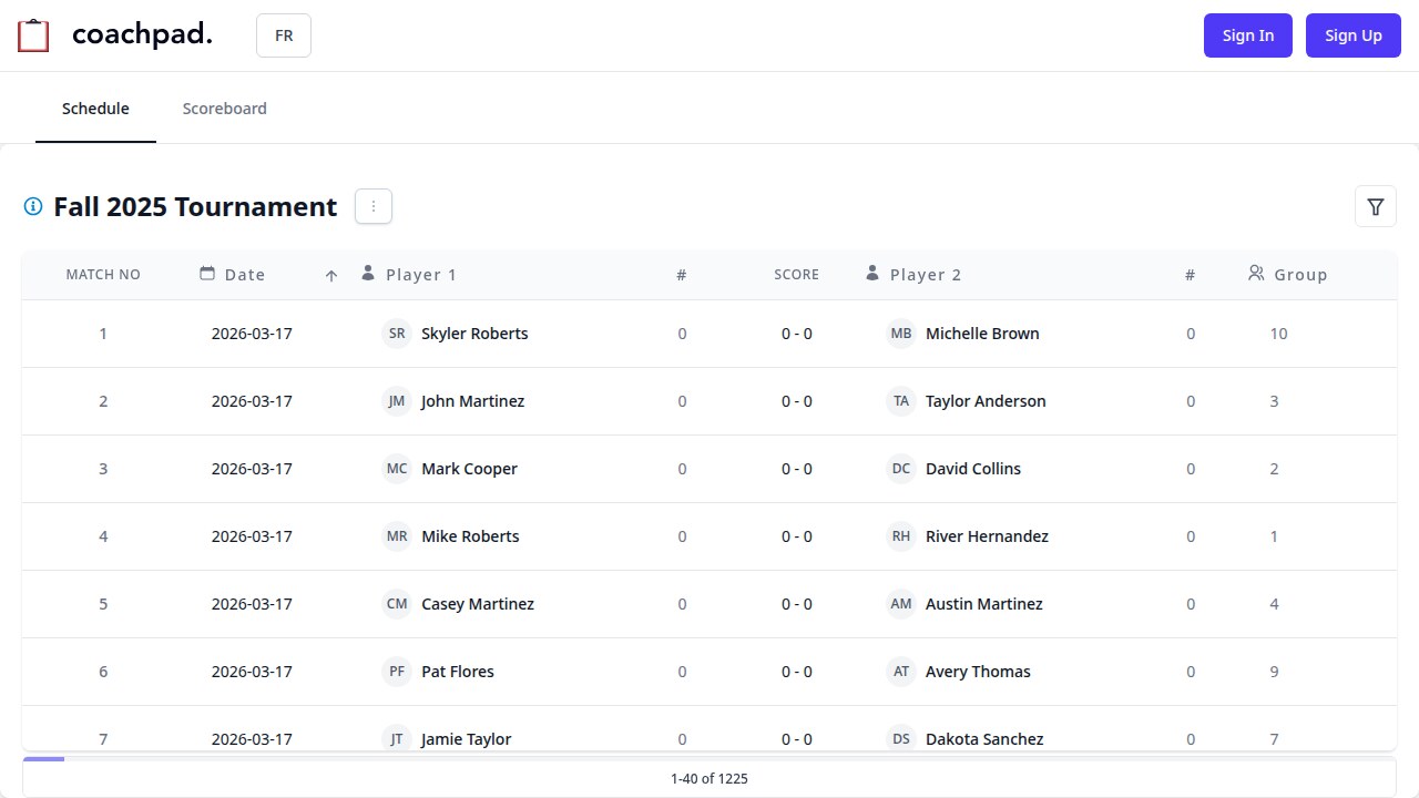 Public schedule interface showing match schedule with player names and dates - accessible without login