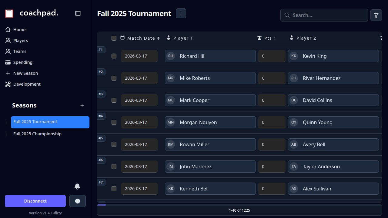 Screenshot of Coachpad season overview displaying comprehensive matches table with filters and team scheduling