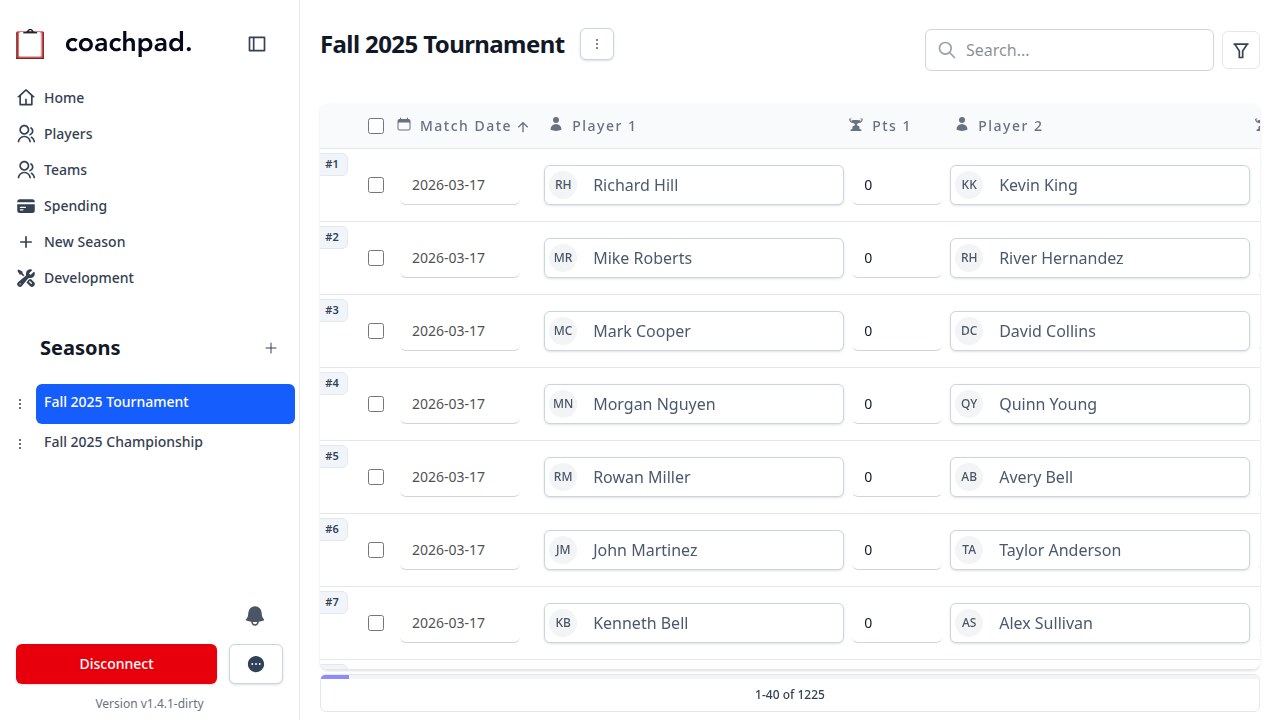 Screenshot of Coachpad season overview displaying comprehensive matches table with filters and team scheduling